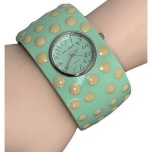 VTG BETSEY JOHNSON Green Polka Dot Hinged Woman's Bangle Watch 7" Y2K BJ7036